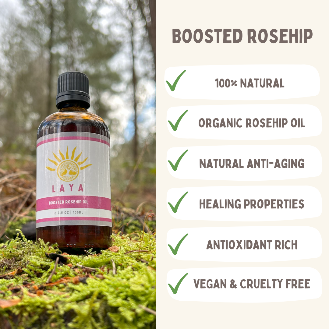 Boosted Rosehip Oil bottle, 100% organic, rosehip seed oil, vegan, anti-aging.