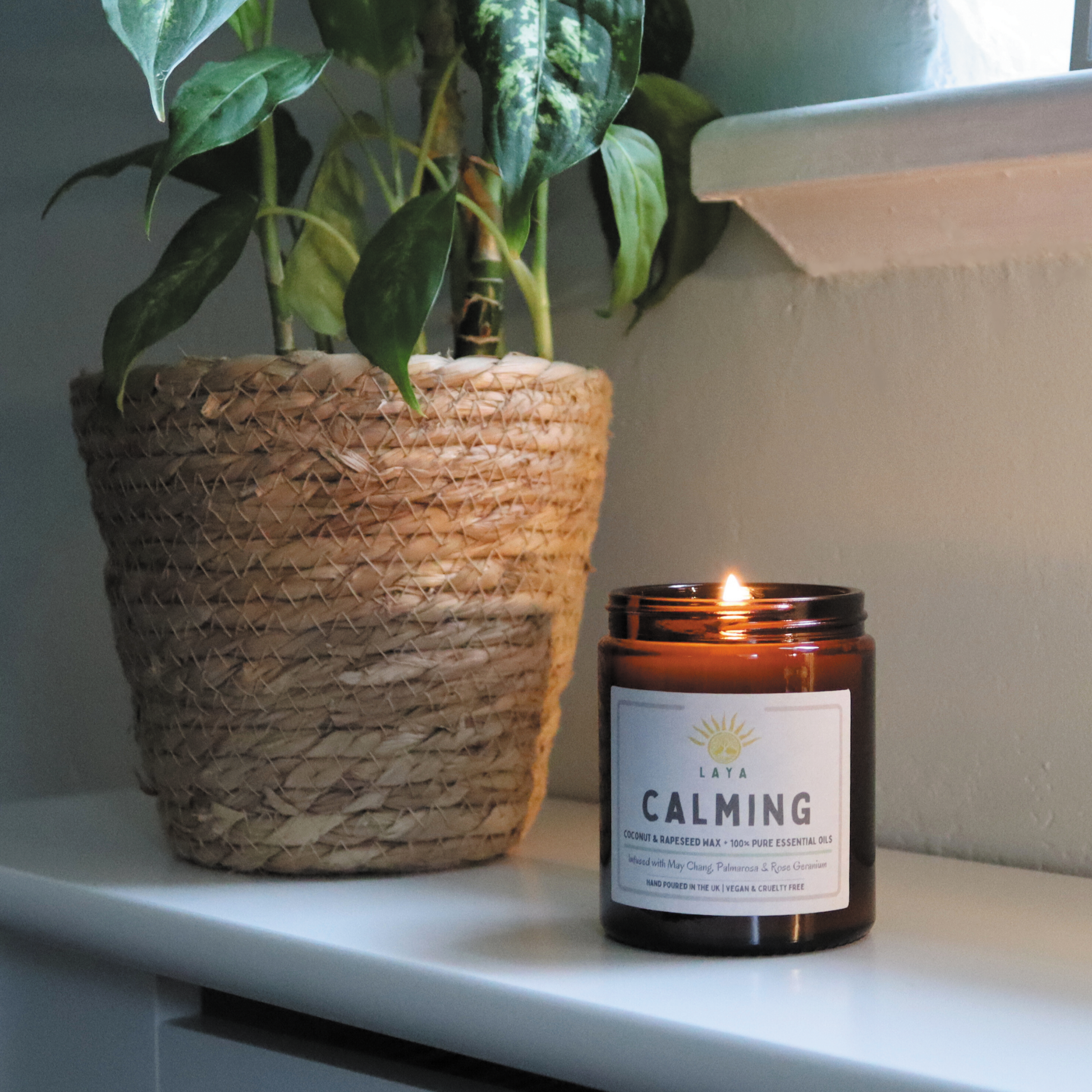 Natural coconut and rapeseed calming candle, gently flickering in a serene, dimly lit room, creating a tranquil atmosphere.