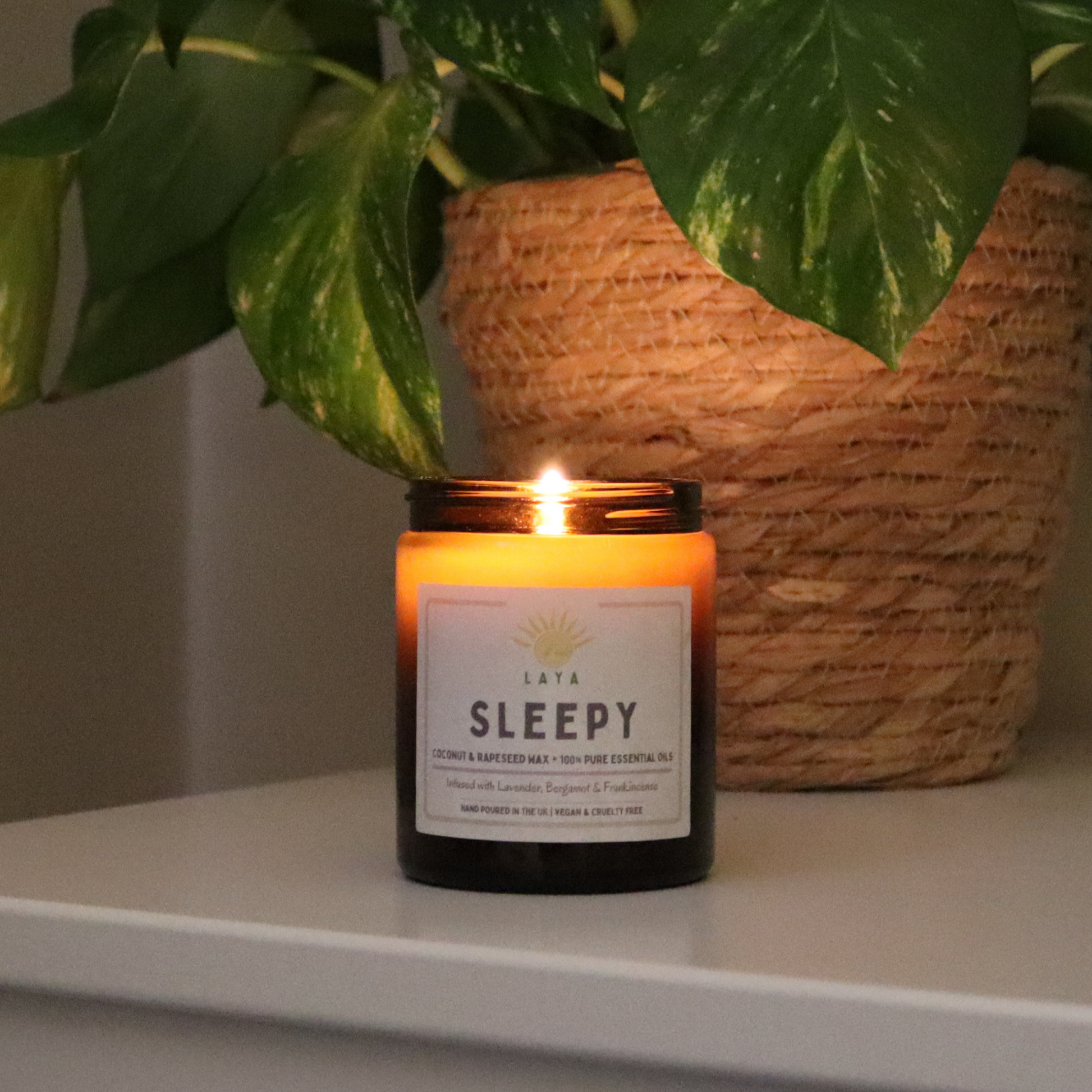 Natural coconut & rapeseed candle by Laya, gently flickering next to a plant in a serene dimly lit room.